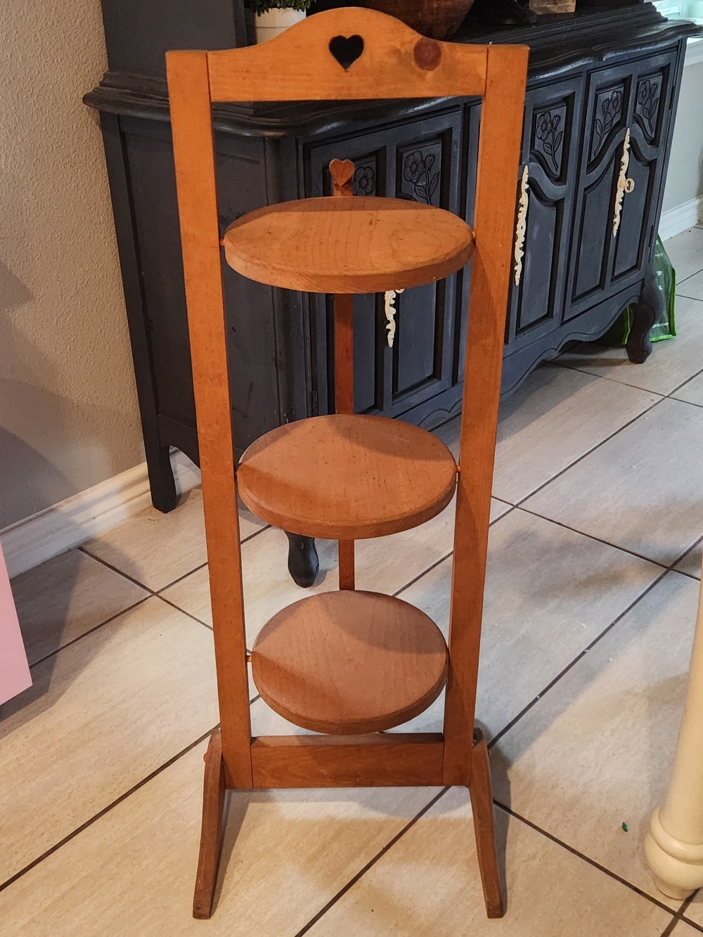 Cottage Core Three-Tier Wooden Pie Stand with Heart Cutout